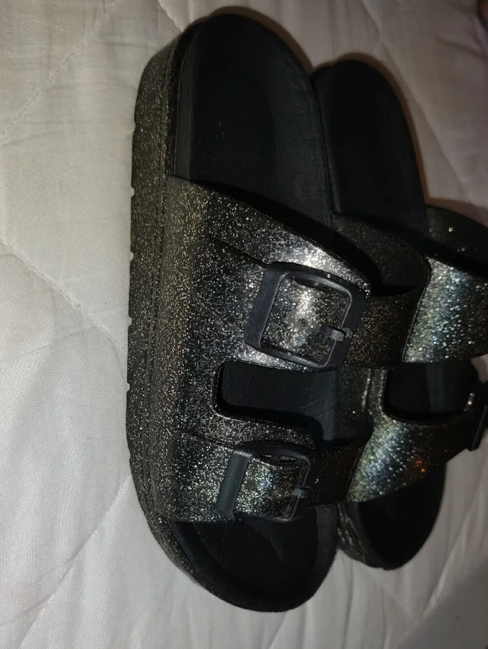 Kids Glitter Double-Buckle Slide Sandals - Black